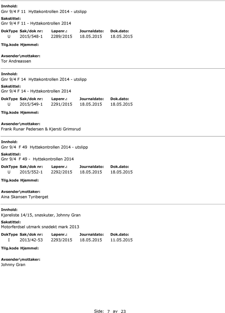 Gnr 9/4 F 49 Hyttekontrollen 2014 - utslipp Gnr 9/4 F 49 - Hyttekontrollen 2014 2015/552-1 2292/2015 Aina Skansen Tyriberget