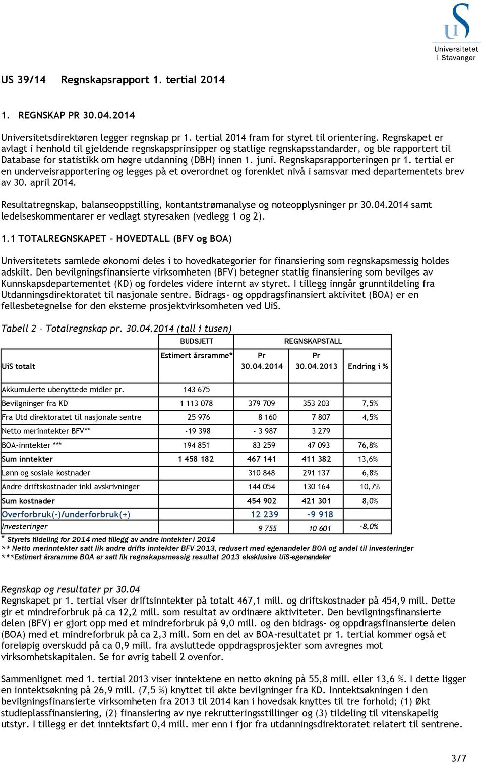 Regnskapsrapporteringen pr 1. tertial er en underveisrapportering og legges på et overordnet og forenklet nivå i samsvar med departementets brev av 30. april 2014.