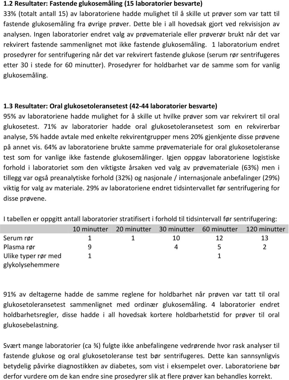 Ingen laboratorier endret valg av prøvemateriale eller prøverør brukt når det var rekvirert fastende sammenlignet mot ikke fastende glukosemåling.