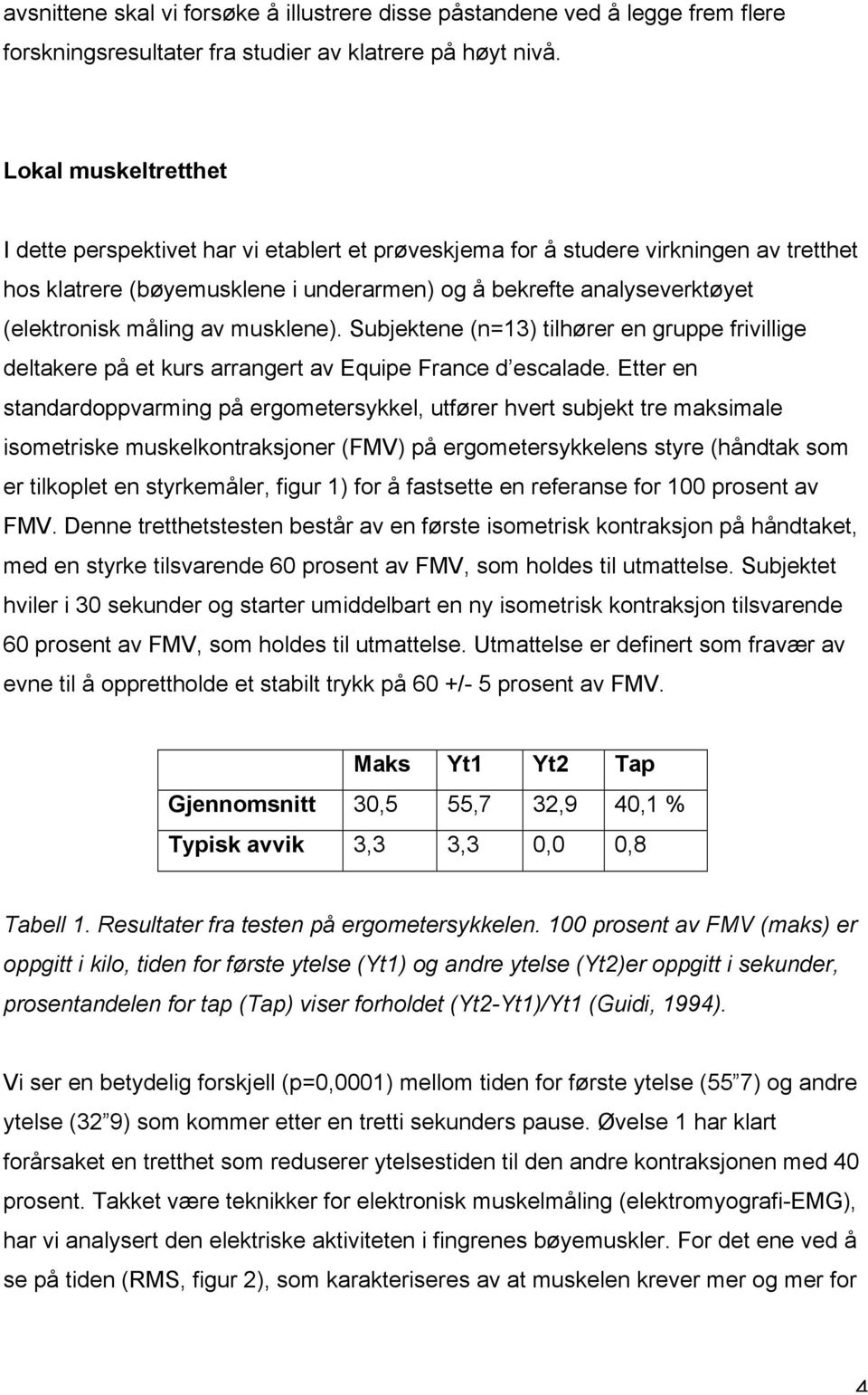 måling av musklene). Subjektene (n=13) tilhører en gruppe frivillige deltakere på et kurs arrangert av Equipe France d escalade.