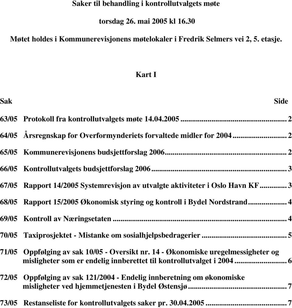.. 2 66/05 Kontrollutvalgets budsjettforslag 2006... 3 67/05 Rapport 14/2005 Systemrevisjon av utvalgte aktiviteter i Oslo Havn KF.