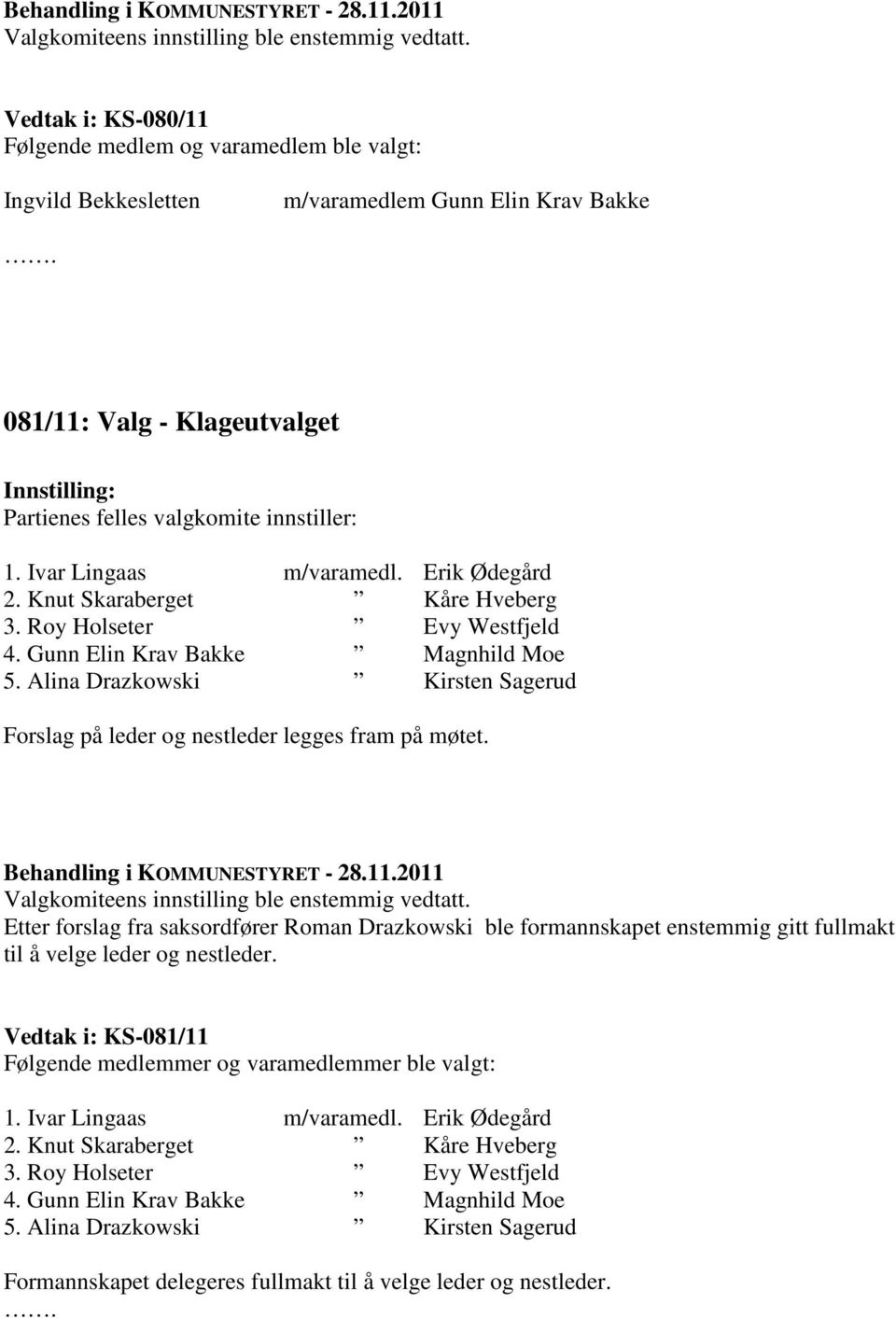 Etter forslag fra saksordfører Roman Drazkowski ble formannskapet enstemmig gitt fullmakt til å velge leder og nestleder. Vedtak i: KS-081/11 Følgende medlemmer og varamedlemmer ble valgt: 1.