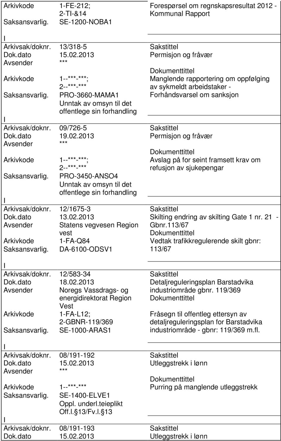 2013 Permisjon og fråvær PRO-3450-ANSO4 Avslag på for seint framsett krav om refusjon av sjukepengar Arkivsak/doknr. 12/1675-3 Sakstittel Dok.dato 13.02.2013 Skilting endring av skilting Gate 1 nr.