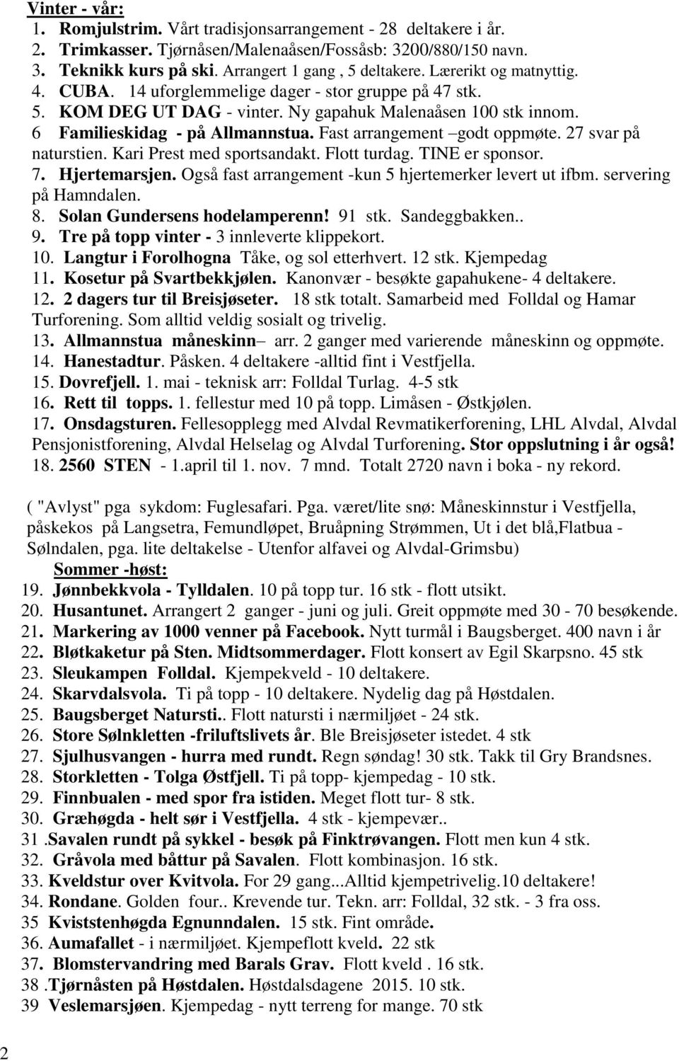 Fast arrangement godt oppmøte. 27 svar på naturstien. Kari Prest med sportsandakt. Flott turdag. TINE er sponsor. 7. Hjertemarsjen. Også fast arrangement -kun 5 hjertemerker levert ut ifbm.