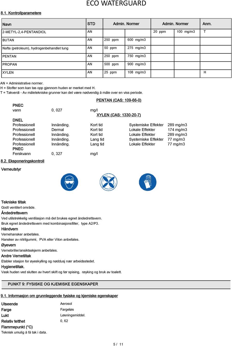 25 ppm 108 mg/m3 H AN = Administrative normer. H = Stoffer som kan tas opp gjennom huden er merket med H. T = Takverdi - Av måletekniske grunner kan det være nødvendig å måle over en viss periode.