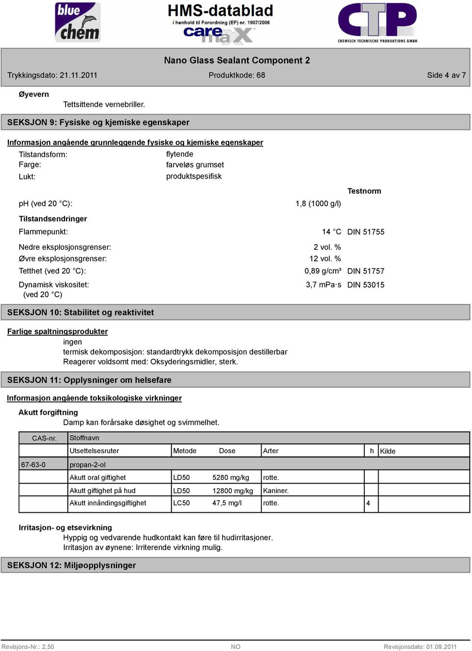 farveløs grumset produktspesifisk 1,8 (1000 g/l) 14 C Testnorm DIN 51755 Nedre eksplosjonsgrenser: Øvre eksplosjonsgrenser: 2 vol. % 12 vol.