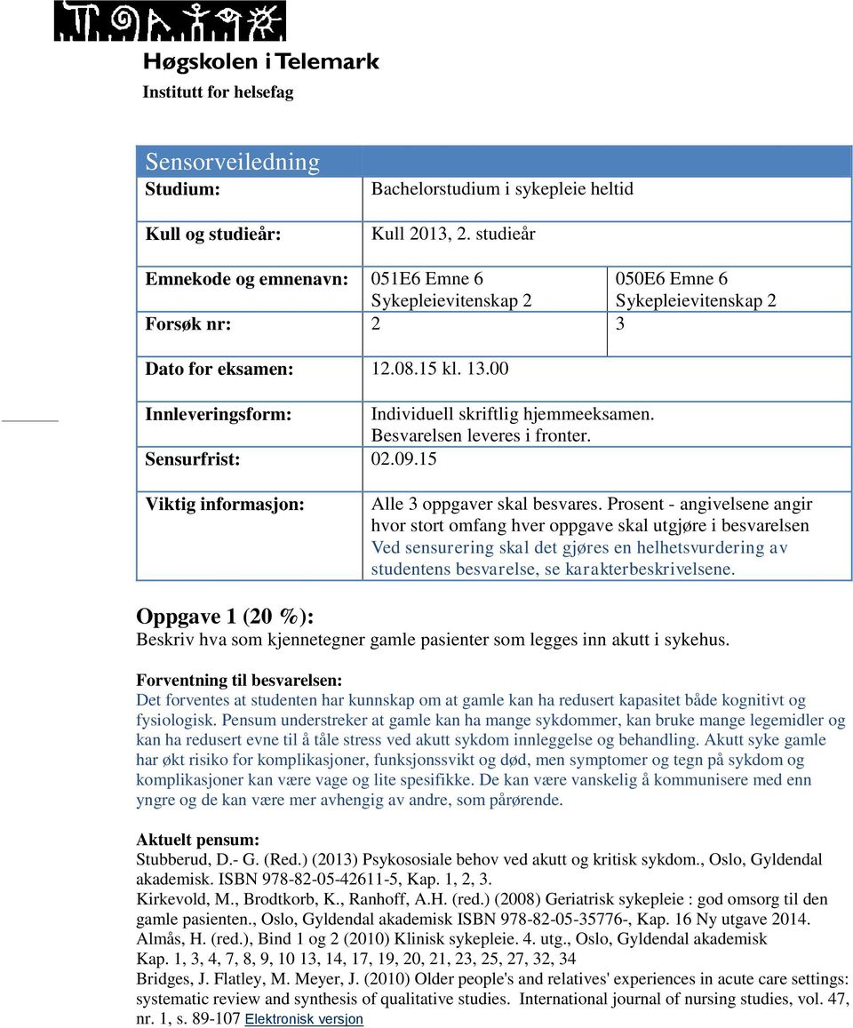 00 Innleveringsform: Individuell skriftlig hjemmeeksamen. Besvarelsen leveres i fronter. Sensurfrist: 02.09.15 Viktig informasjon: Alle 3 oppgaver skal besvares.