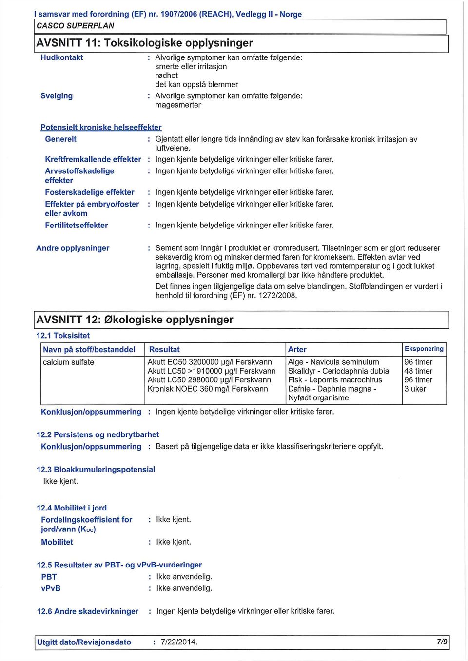 lengre tids av støv kan forårsake kronisk irntasjon av luftveiene. Ingen kjente betydelige virkninger eller kritiske farer. Ingen kjente betydelige virkninger eller kritiske farer. Ingen kjente betydelige virkninger eller kntiske farer.