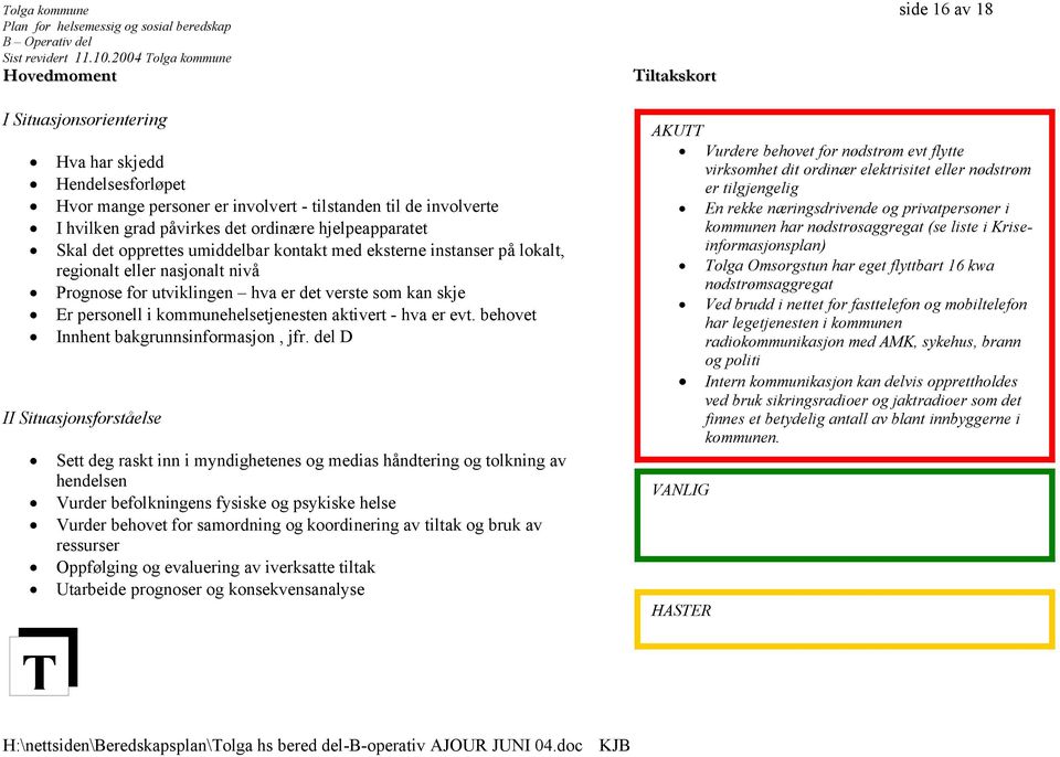 personell i kommunehelsetjenesten aktivert - hva er evt. behovet Innhent bakgrunnsinformasjon, jfr.