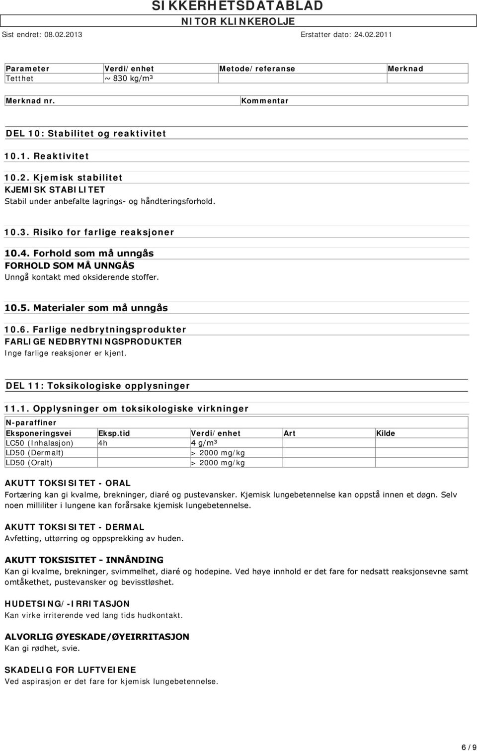 Forhold som må unngås FORHOLD SOM MÅ UNNGÅS Unngå kontakt med oksiderende stoffer. 10.5. Materialer som må unngås 10.6.