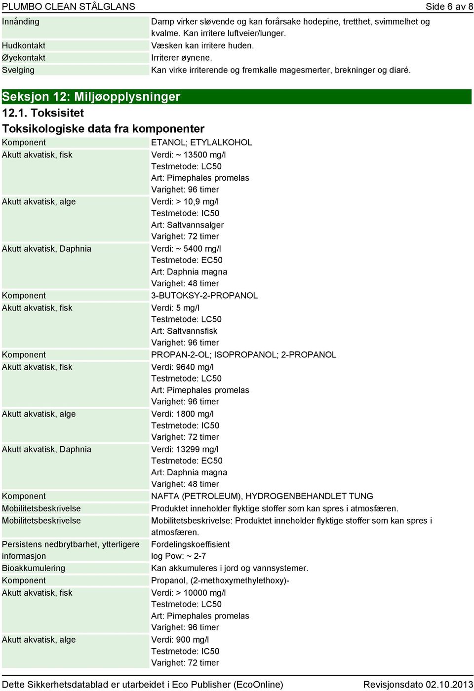 .1. Toksisitet Toksikologiske data fra komponenter ETOL; ETYLALKOHOL Akutt akvatisk, fisk Akutt akvatisk, alge Akutt akvatisk, Daphnia Akutt akvatisk, fisk Akutt akvatisk, fisk Akutt akvatisk, alge