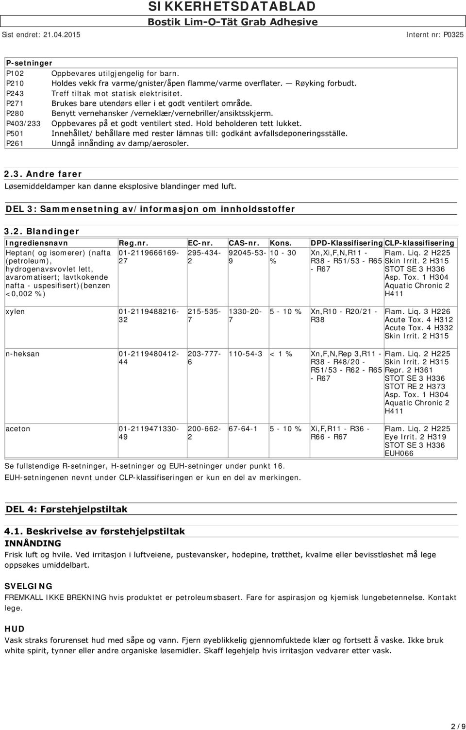 P501 Innehållet/ behållare med rester lämnas till: godkänt avfallsdeponeringsställe. P261 Unngå innånding av damp/aerosoler. 2.3. Andre farer Løsemiddeldamper kan danne eksplosive blandinger med luft.