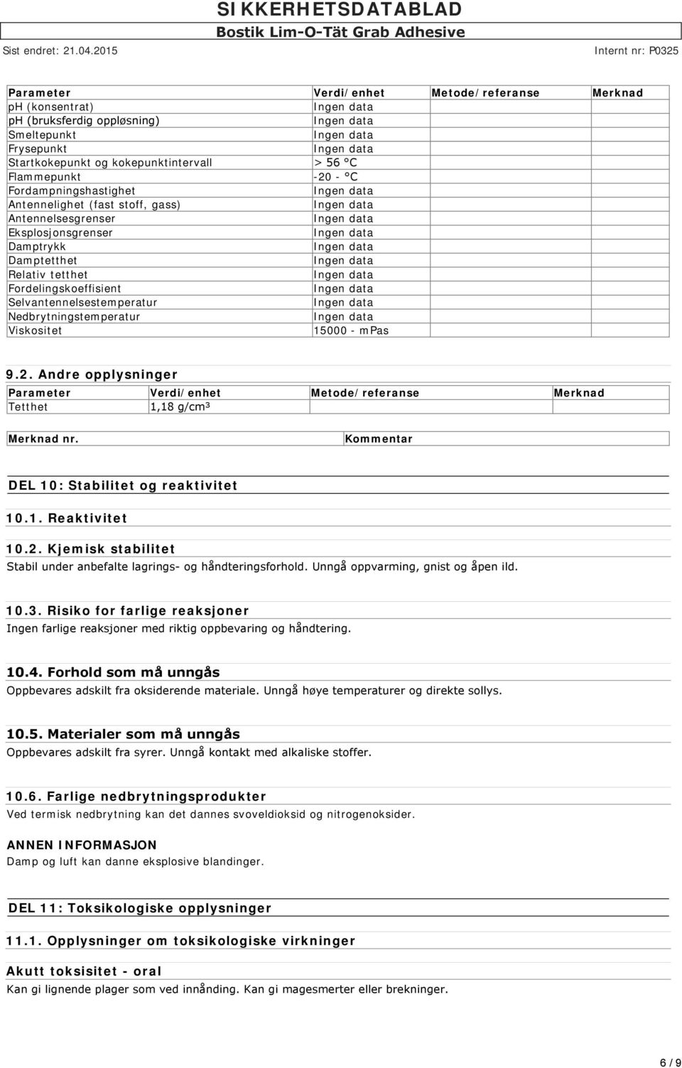 mpas 9.2. Andre opplysninger Parameter Verdi/enhet Metode/referanse Merknad Tetthet 1,18 g/cm³ Merknad nr. Kommentar DEL 10: Stabilitet og reaktivitet 10.1. Reaktivitet 10.2. Kjemisk stabilitet Stabil under anbefalte lagrings og håndteringsforhold.