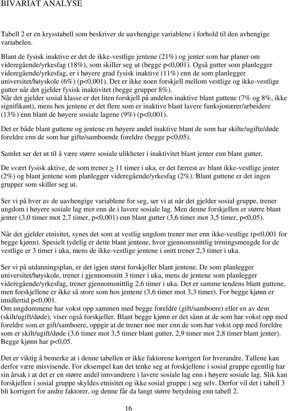 Også gutter som planlegger videregående/yrkesfag, er i høyere grad fysisk inaktive (11%) enn de som planlegger universitet/høyskole (6%) (p<0,001).