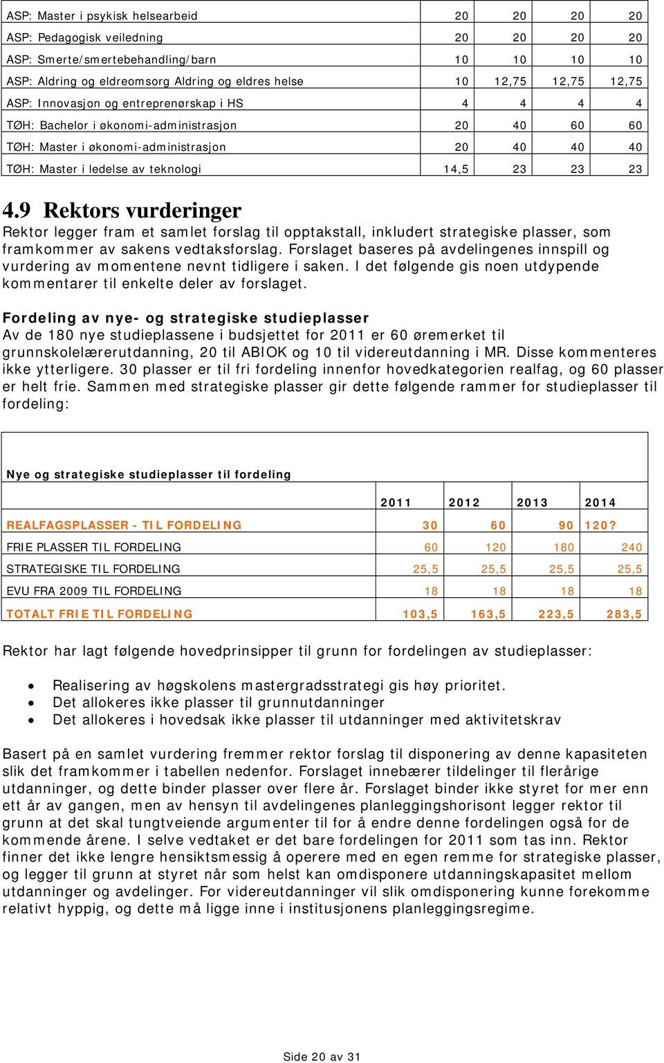 23 4.9 Rektors vurderinger Rektor legger fram et samlet forslag til opptakstall, inkludert strategiske plasser, som framkommer av sakens vedtaksforslag.