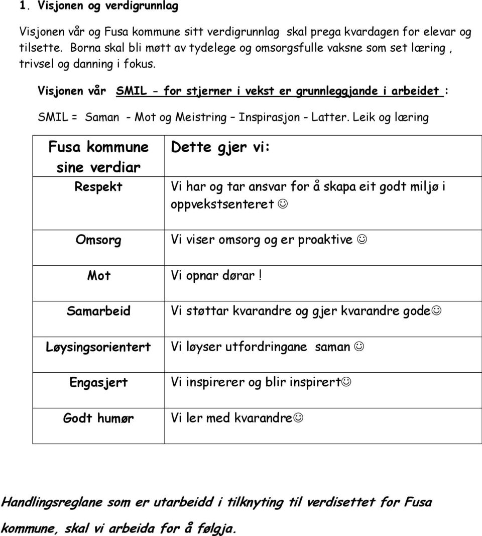 Visjonen vår SMIL - for stjerner i vekst er grunnleggjande i arbeidet : SMIL = Saman - Mot og Meistring Inspirasjon - Latter.