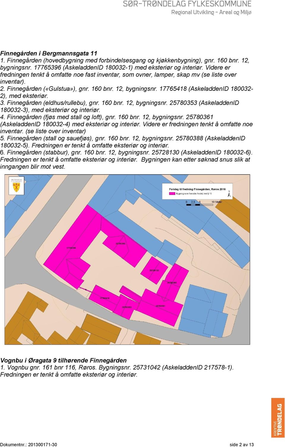 17765418 (AskeladdenID 180032-2), med eksteriør. 3. Finnegården (eldhus/rullebu), gnr. 160 bnr. 12, bygningsnr. 25780353 (AskeladdenID 180032-3), med eksteriør og interiør. 4.