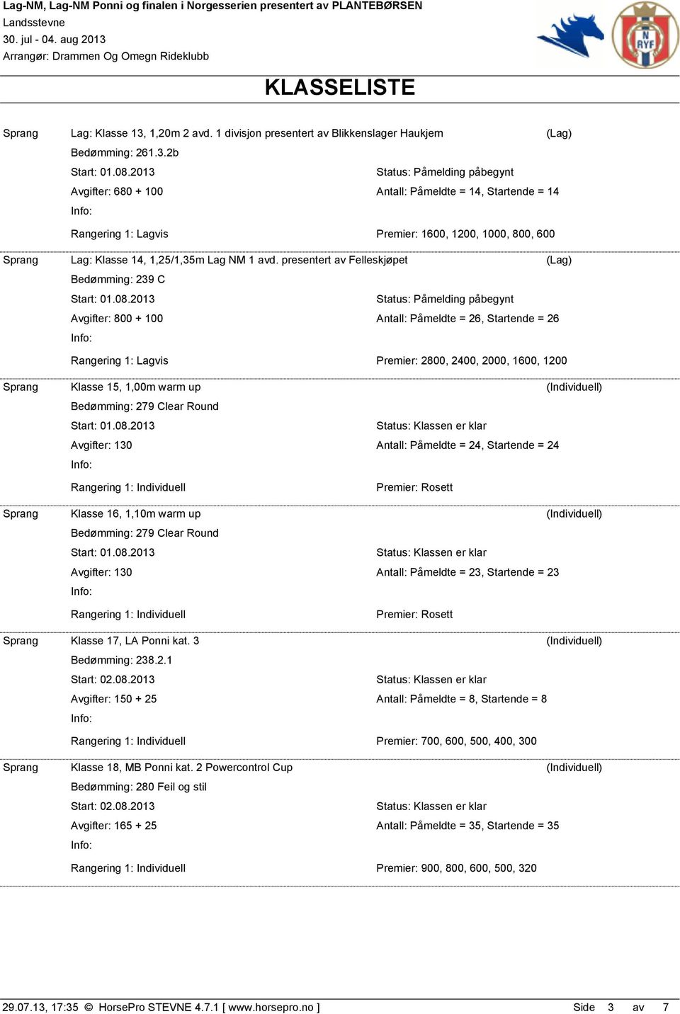 Bedømming: 279 Clear Round Avgifter: 130 Antall: Påmeldte = 24, Startende = 24 Premier: Rosett Sprang Klasse 16, 1,10m warm up (Individuell) Bedømming: 279 Clear Round Avgifter: 130 Antall: Påmeldte