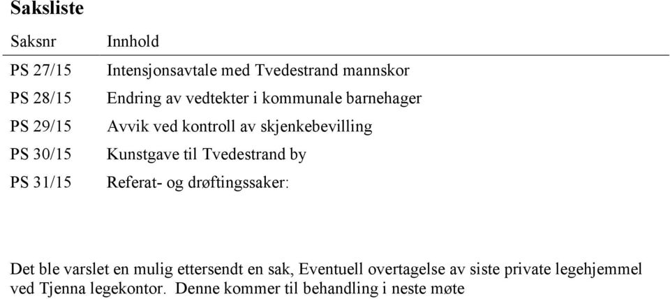 til Tvedestrand by Referat- og drøftingssaker: Det ble varslet en mulig ettersendt en sak, Eventuell