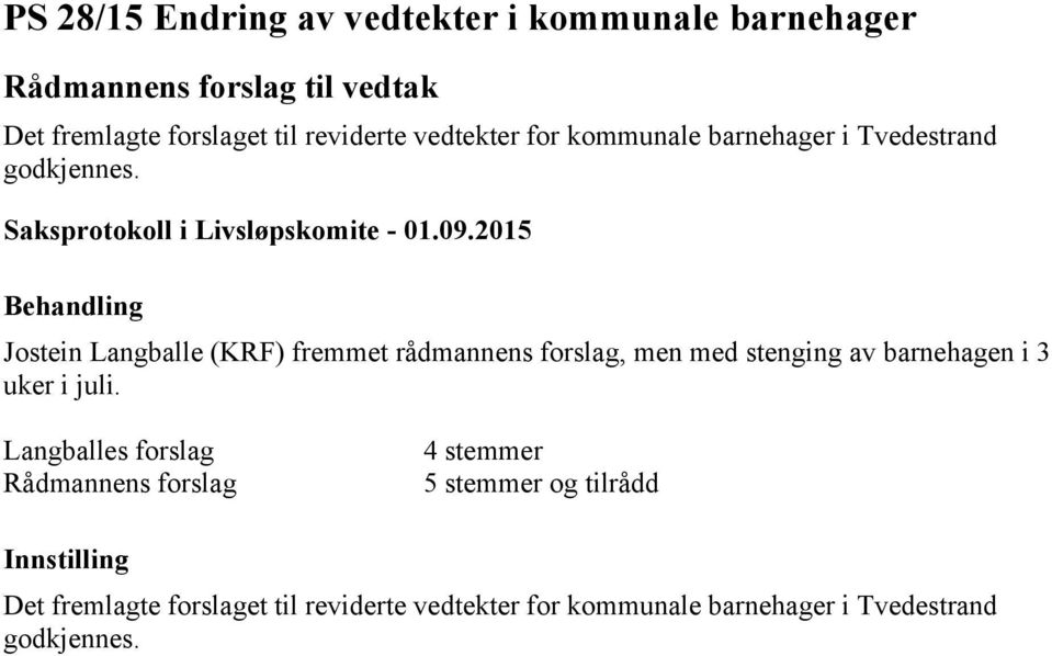 2015 Jostein Langballe (KRF) fremmet rådmannens forslag, men med stenging av barnehagen i 3 uker i juli.