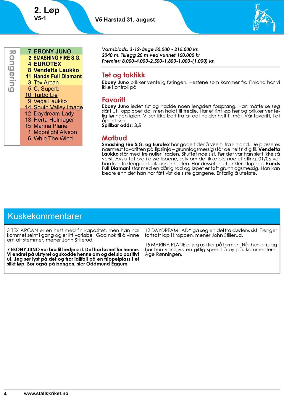 Tillegg 20 m ved vunnet 150.000 kr Premier: 8.000-4.000-2.500-1.800-1.000-(1.000) kr. Tet og taktikk Ebony Juno prikker ventelig føringen. Hestene som kommer fra Finland har vi ikke kontroll på.