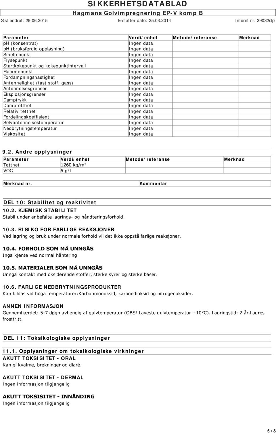 Andre opplysninger Parameter Verdi/enhet Metode/referanse Merknad Tetthet 1260 kg/m³ VOC 5 g/l Merknad nr. Kommentar DEL 10: Stabilitet og reaktivitet 10.2. KJEMISK STABILITET Stabil under anbefalte lagrings og håndteringsforhold.