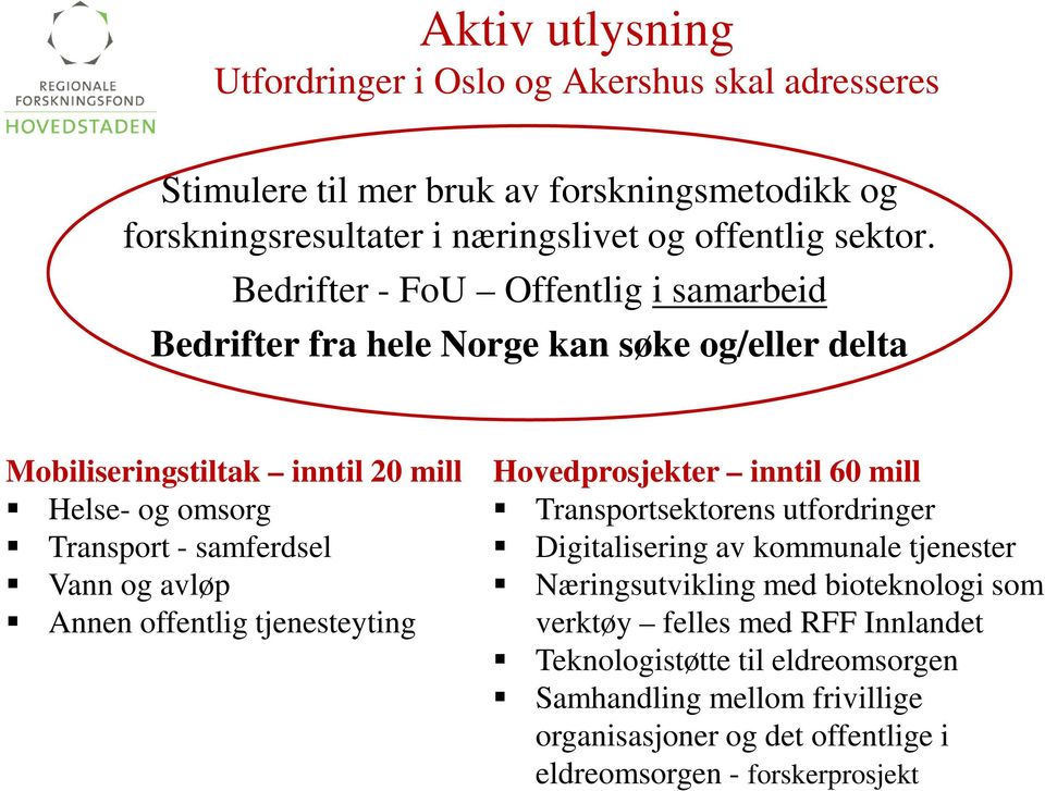 avløp Annen offentlig tjenesteyting Hovedprosjekter inntil 60 mill Transportsektorens utfordringer Digitalisering av kommunale tjenester Næringsutvikling med