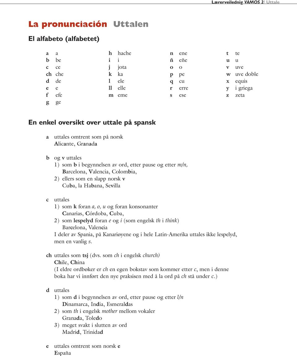 Colombia, 2) ellers som en slapp norsk v Cuba, la Habana, Sevilla 1) som k foran a, o, u og foran konsonanter Canarias, Córdoba, Cuba, 2) som lespelyd foran e og i (som engelsk th i think) Barcelona,