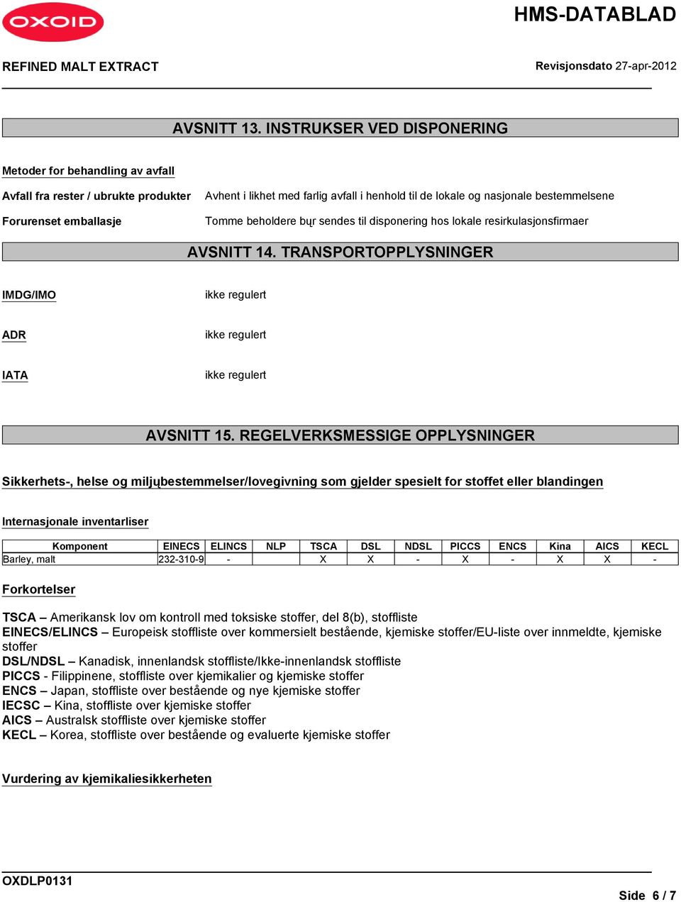 bestemmelsene Tomme beholdere bųr sendes til disponering hos lokale resirkulasjonsfirmaer AVSNITT 14. TRANSPORTOPPLYSNINGER IMDG/IMO ikke regulert ADR ikke regulert IATA ikke regulert AVSNITT 15.