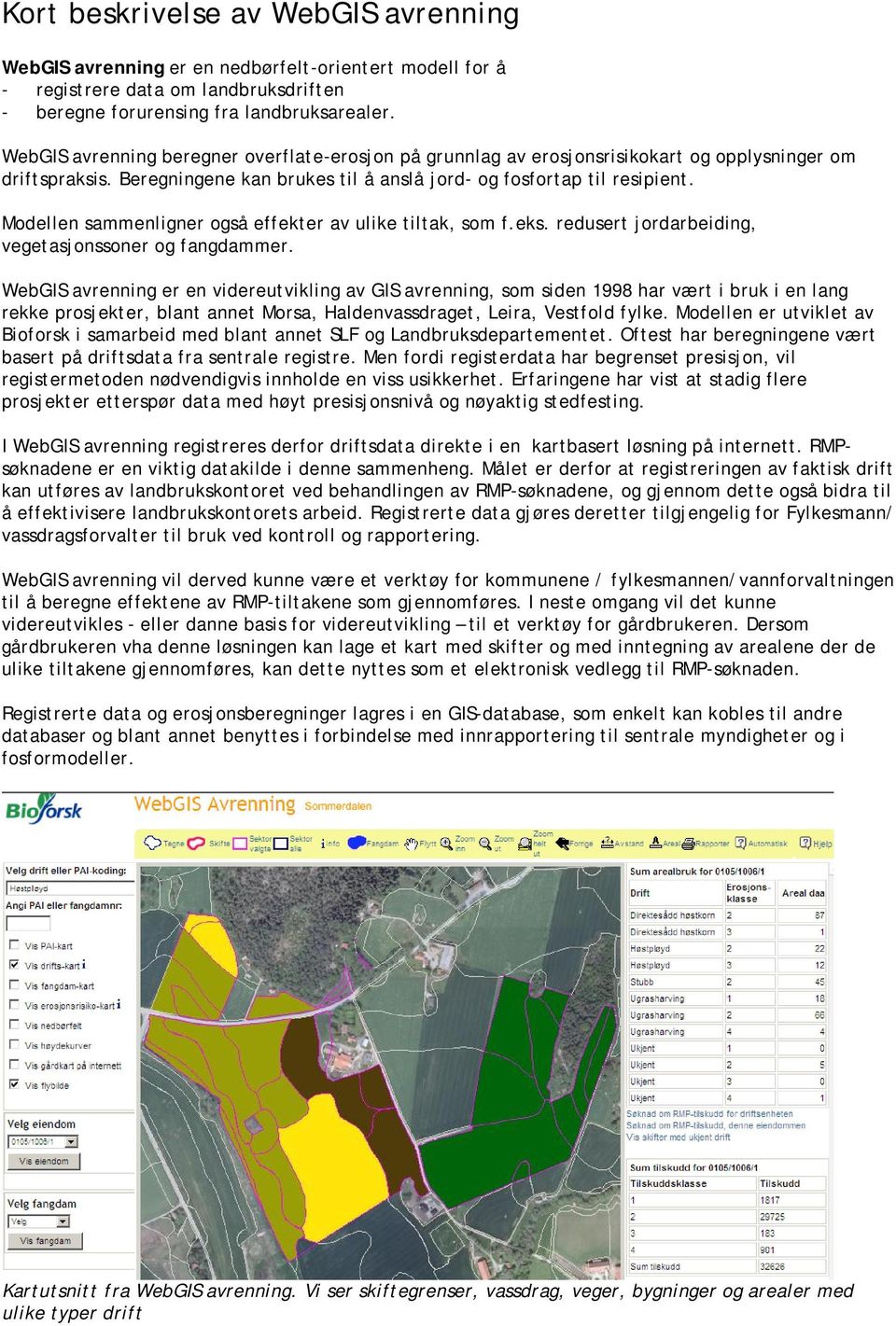 Modellen sammenligner også effekter av ulike tiltak, som f.eks. redusert jordarbeiding, vegetasjonssoner og fangdammer.