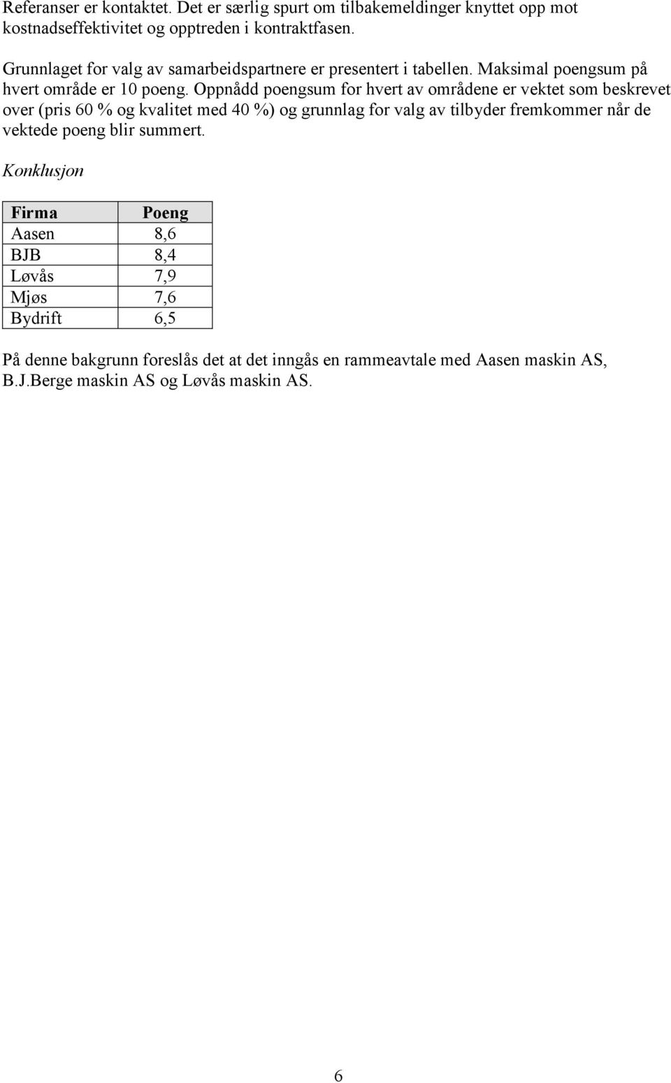 Oppnådd poengsum for hvert av områdene er vektet som beskrevet over (pris 60 % og kvalitet med 40 %) og grunnlag for valg av tilbyder fremkommer når de