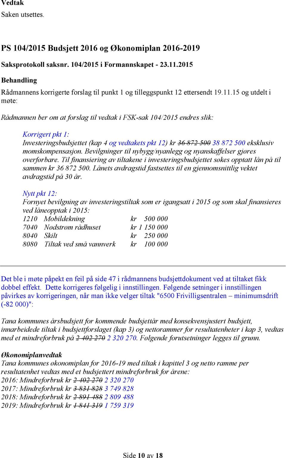 15 og utdelt i møte: Rådmannen ber om at forslag til vedtak i FSK-sak 104/2015 endres slik: Korrigert pkt 1: Investeringsbudsjettet (kap 4 og vedtakets pkt 12) kr 36 872 500 38 872 500 eksklusiv