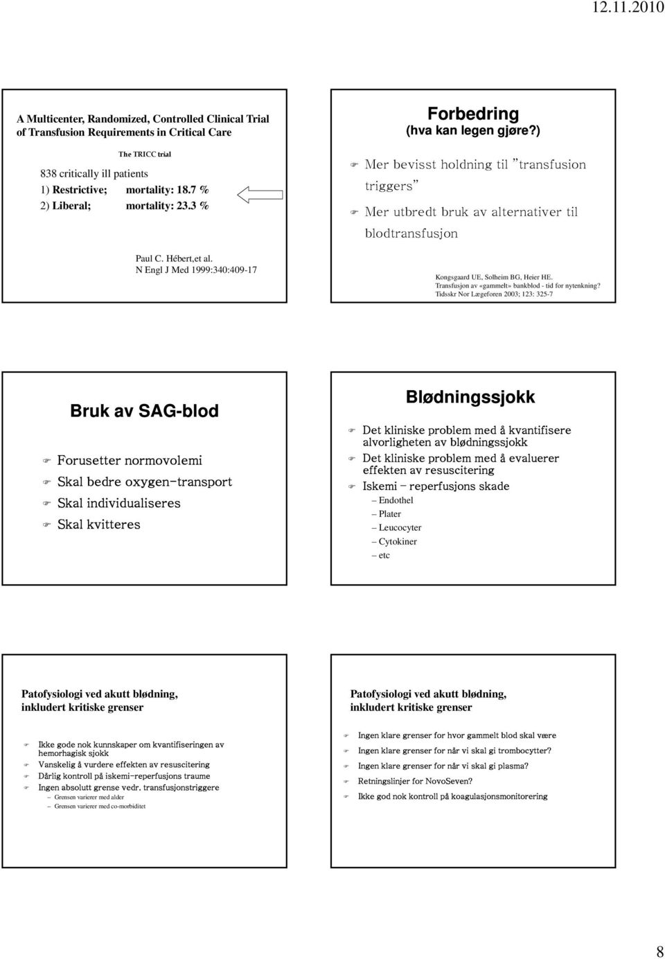 ) Mer bevisst holdning til transfusion triggers Mer utbredt bruk av alternativer til blodtransfusjon Kongsgaard UE, Solheim BG, Heier HE. Transfusjon av «gammelt» bankblod - tid for nytenkning?