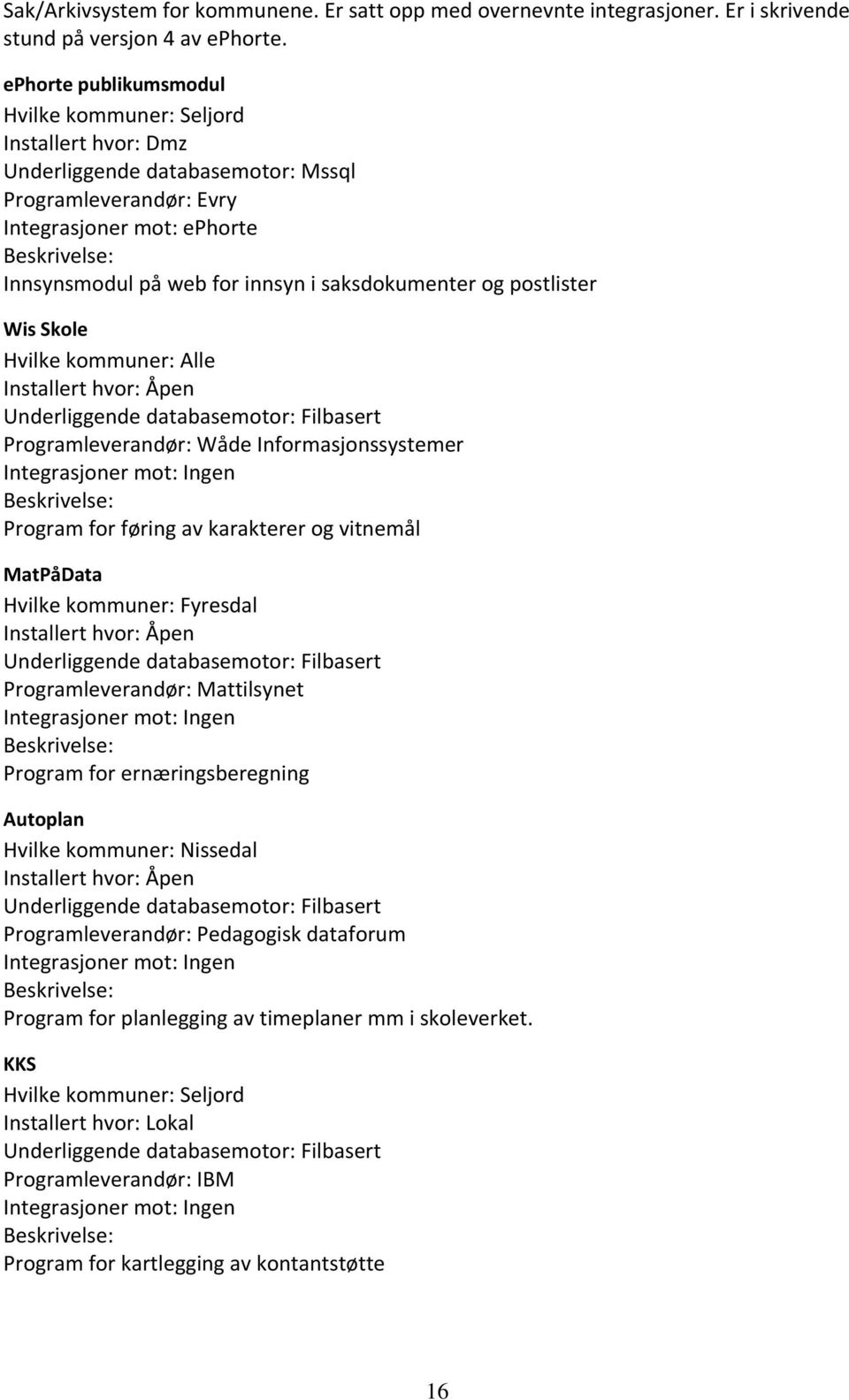 saksdokumenter og postlister Wis Skole Installert hvor: Åpen Underliggende databasemotor: Filbasert Programleverandør: Wåde Informasjonssystemer Integrasjoner mot: Ingen Program for føring av