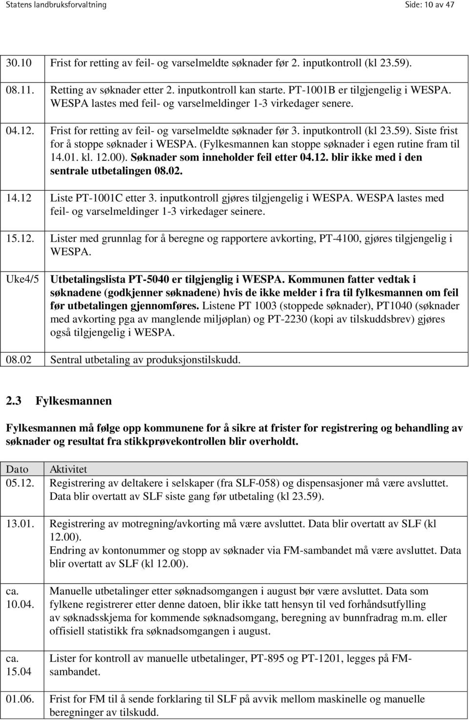 Siste frist for å stoppe søknader i WESPA. (Fylkesmannen kan stoppe søknader i egen rutine fram til 14.01. kl. 12.00). Søknader som inneholder feil etter 04.12. blir ikke med i den sentrale utbetalingen 08.