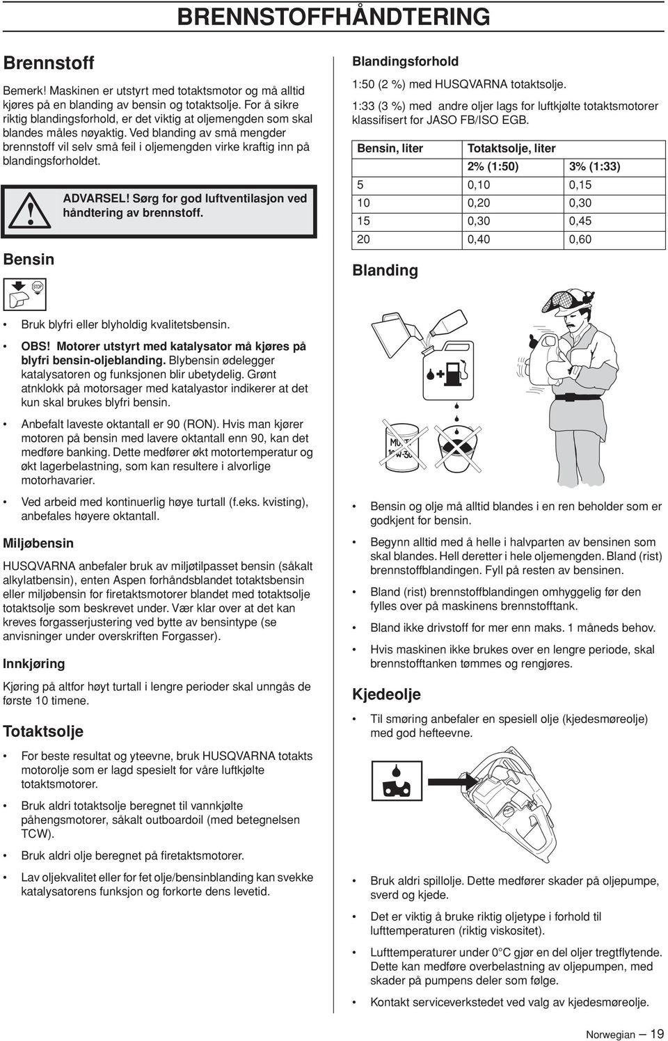 Ved blanding av små mengder brennstoff vil selv små feil i oljemengden virke kraftig inn på blandingsforholdet. Bensin ADVARSEL Sørg for god luftventilasjon ved håndtering av brennstoff.