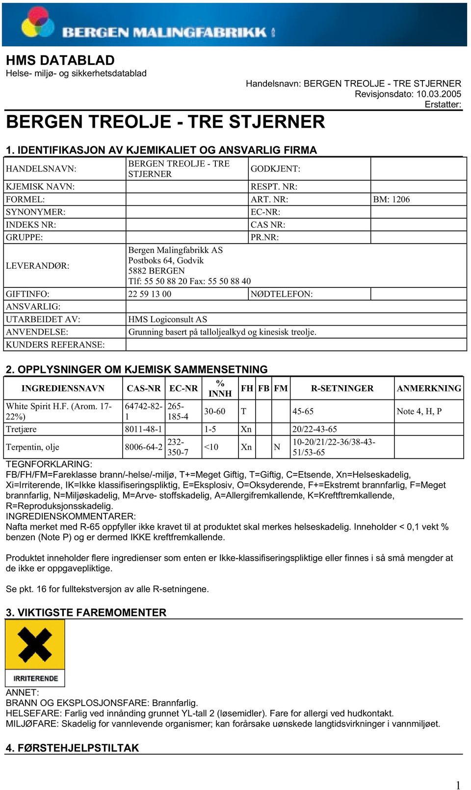 NR: BM: 1206 SYNONYMER: EC-NR: INDEKS NR: CAS NR: GRUPPE: PR.