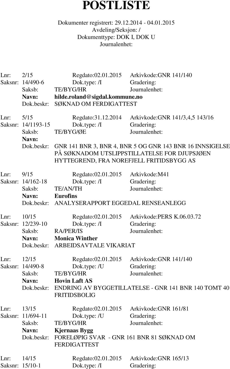 beskr: GNR 141 BNR 3, BNR 4, BNR 5 OG GNR 143 BNR 16 INNSIGELSE PÅ SØKNADOM UTSLIPPSTILLATELSE FOR DJUPSJØEN HYTTEGREND, FRA NOREFJELL FRITIDSBYGG AS Lnr: 9/15 Regdato:02.01.