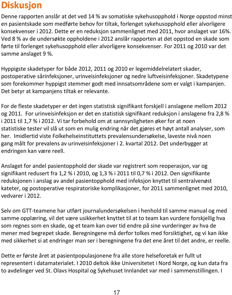 Ved 8 % av de undersøkte oppholdene i 2012 anslår rapporten at det oppstod en skade som førte til forlenget sykehusopphold eller alvorligere konsekvenser. For 2011 og 2010 var det samme anslaget 9 %.