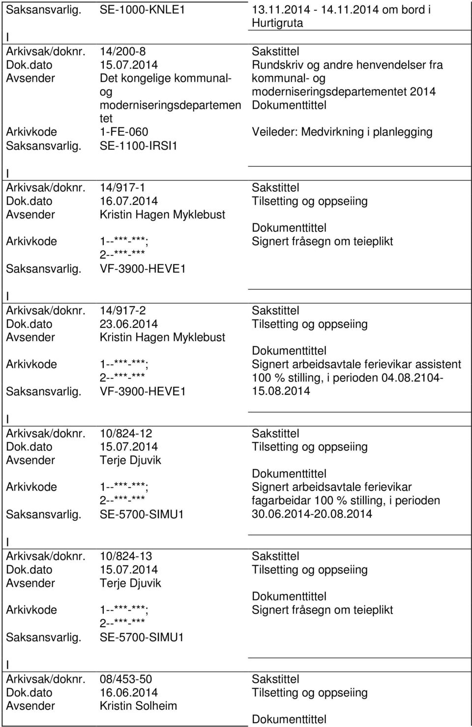 SE-1100-RS1 Arkivsak/doknr. 14/917-1 Sakstittel Dok.dato 16.07.2014 Tilsetting og oppseiing Avsender Kristin Hagen Myklebust Signert fråsegn om teieplikt VF-3900-HEVE1 Arkivsak/doknr.