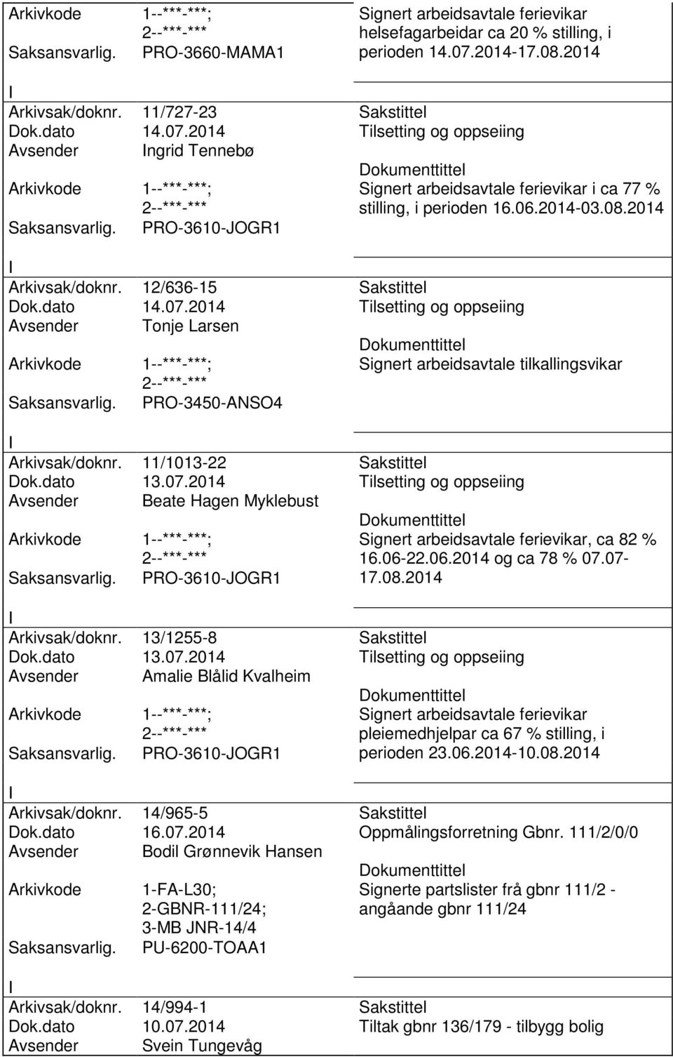 11/1013-22 Sakstittel Dok.dato 13.07.2014 Tilsetting og oppseiing Avsender Beate Hagen Myklebust, ca 82 % 16.06-22.06.2014 og ca 78 % 07.07-17.08.2014 Arkivsak/doknr. 13/1255-8 Sakstittel Dok.dato 13.07.2014 Tilsetting og oppseiing Avsender Amalie Blålid Kvalheim pleiemedhjelpar ca 67 % stilling, i perioden 23.