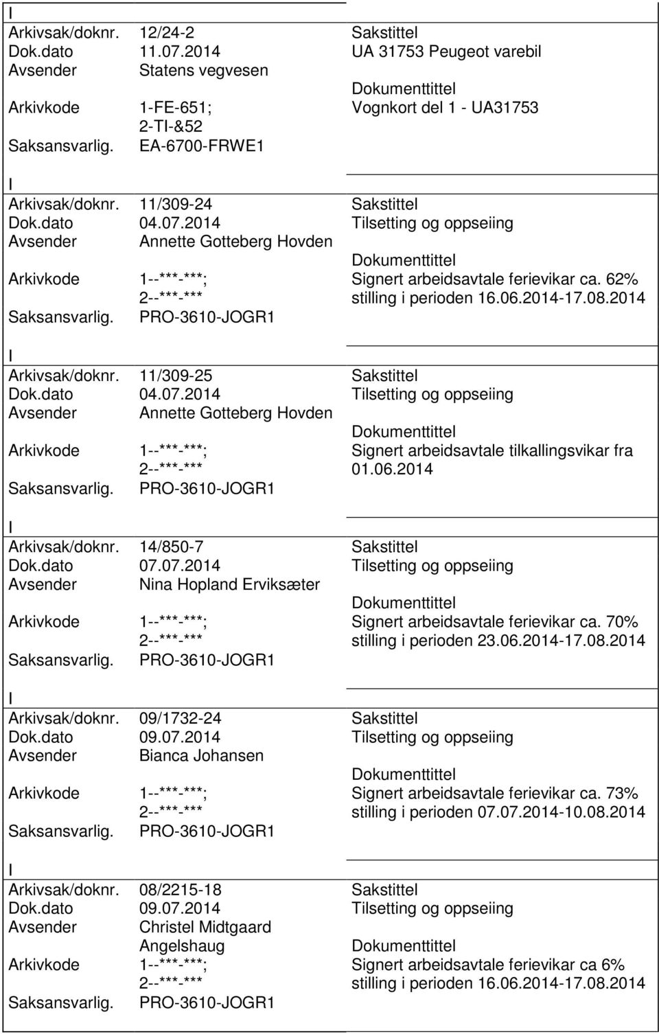 06.2014 Arkivsak/doknr. 14/850-7 Sakstittel Dok.dato 07.07.2014 Tilsetting og oppseiing Avsender Nina Hopland Erviksæter ca. 70% stilling i perioden 23.06.2014-17.08.2014 Arkivsak/doknr. 09/1732-24 Sakstittel Dok.