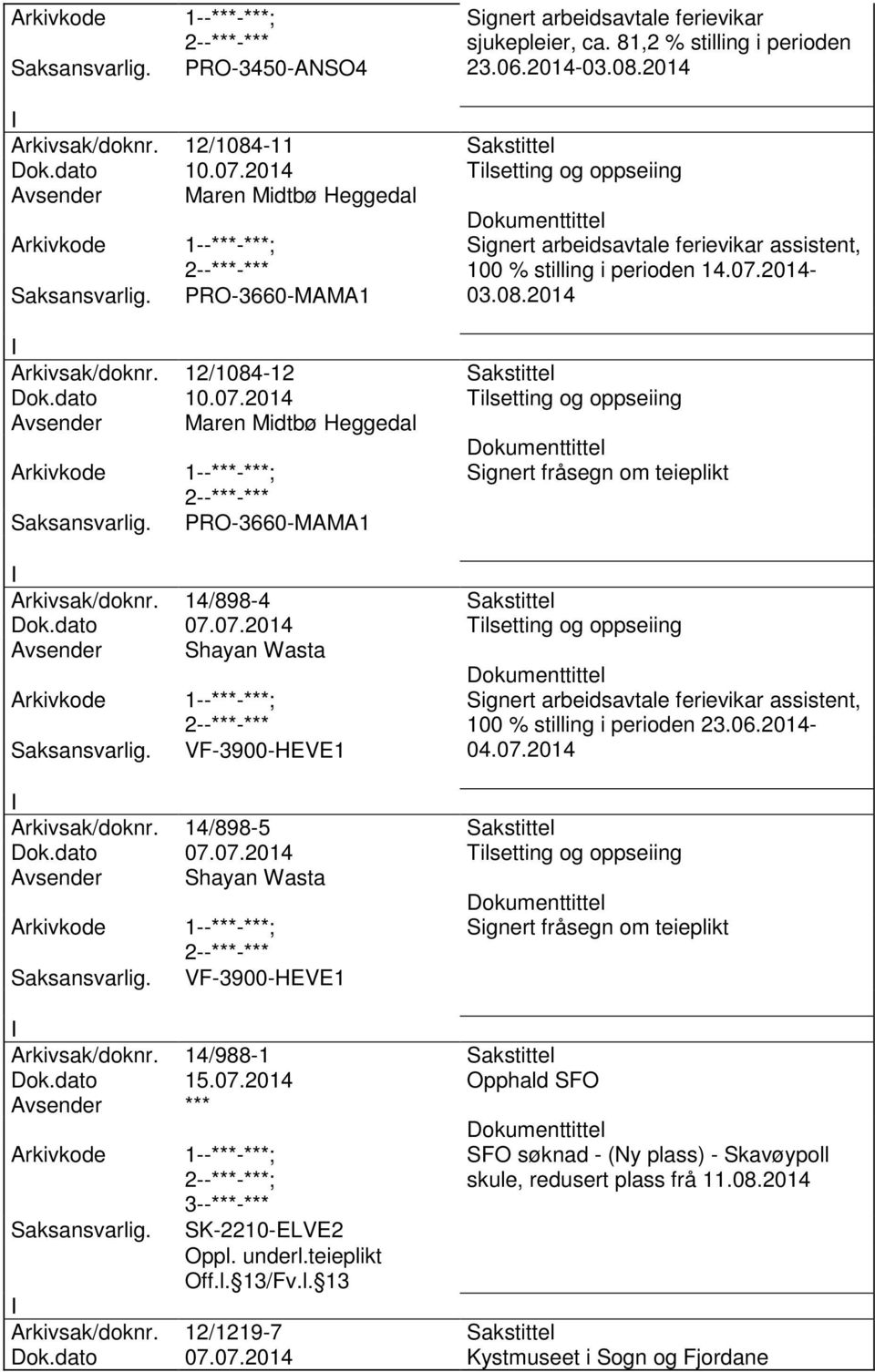 2014-03.08.2014 Arkivsak/doknr. 12/1084-12 Sakstittel Dok.dato 10.07.2014 Tilsetting og oppseiing Avsender Maren Midtbø Heggedal Signert fråsegn om teieplikt PRO-3660-MAMA1 Arkivsak/doknr.