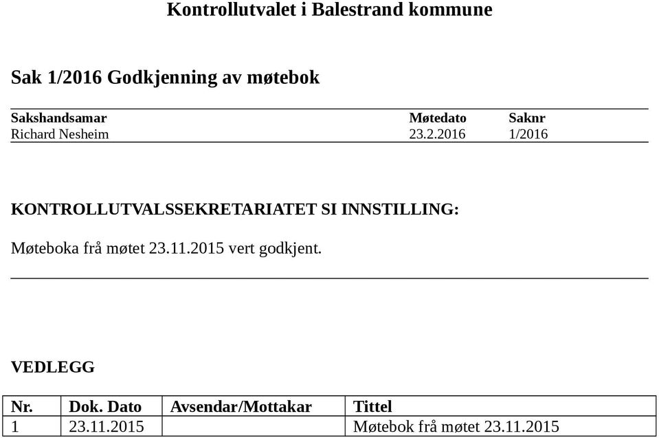 .2.2016 1/2016 KONTROLLUTVALSSEKRETARIATET SI INNSTILLING: Møteboka frå møtet
