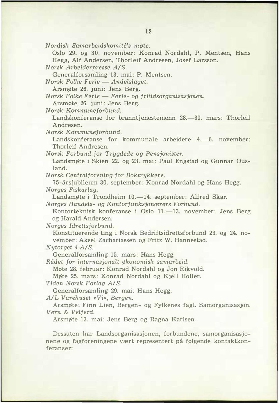 Landskonferanse for branntjenestemenn 8.30. mars: Thoreif Andresen. Norsk Kommuneforbund. Landskonferanse for kommunae arbeidere 4.6. november : Thoreif Andresen.