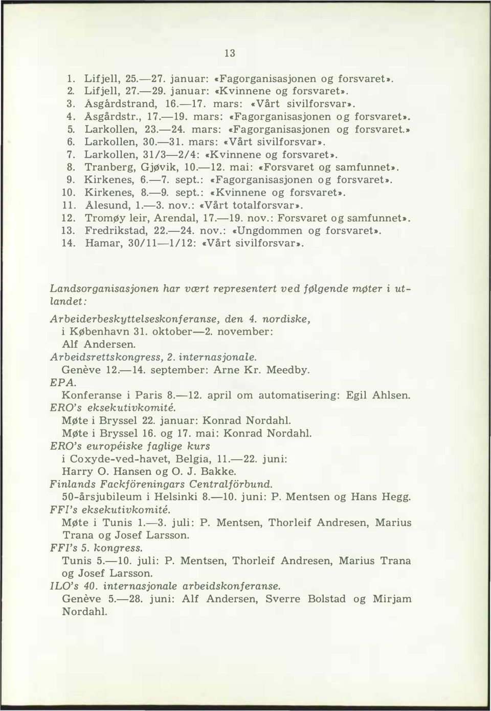 Tranberg, GjØvik, 10.1. mai: «Forsvaret og samfunnet». 9. Kirkenes, 6.7. sept. : «Fagorganisasjonen og forsvaret:.. 10. Kirkenes, 8.9. sept. : «Kvinnene og forsvaret:.. 11. Aesund, 1.3. nov.