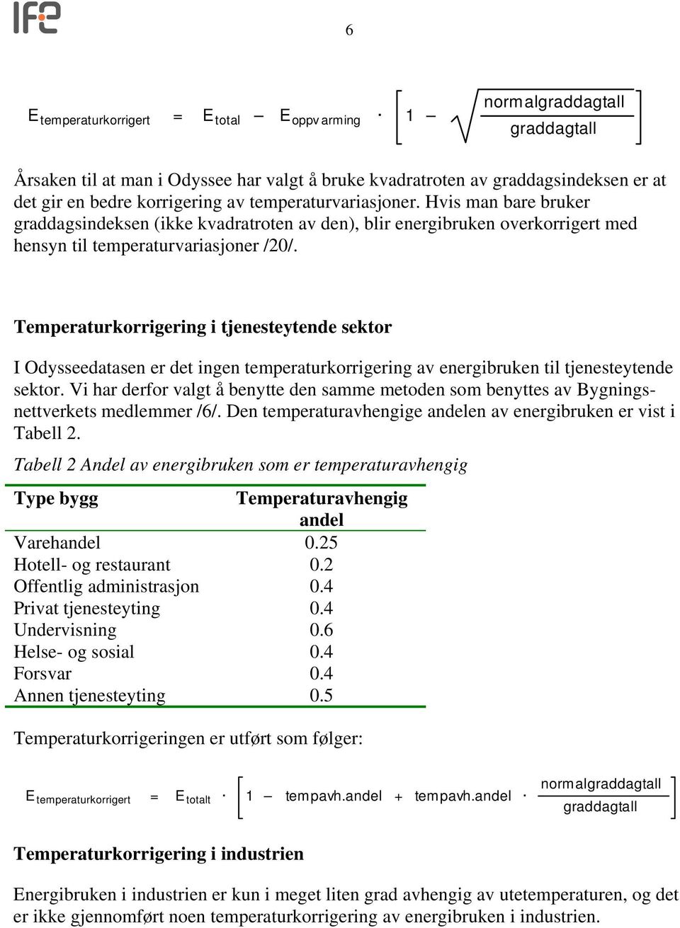 Temperaturkorrigering i tjenesteytende sektor I Odysseedatasen er det ingen temperaturkorrigering av energibruken til tjenesteytende sektor.