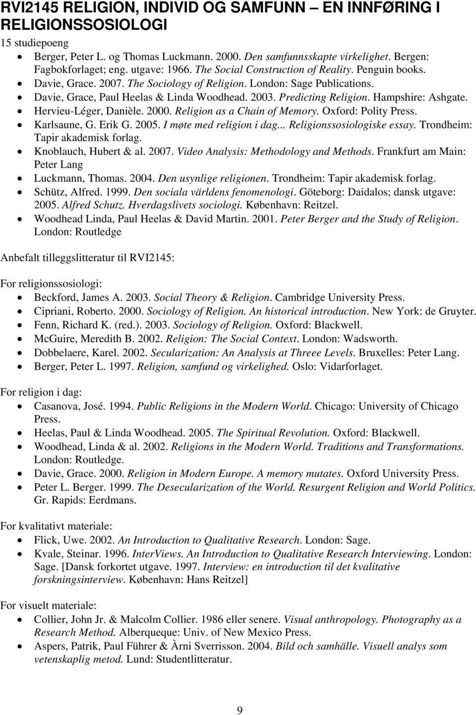 Predicting Religion. Hampshire: Ashgate. Hervieu-Léger, Danièle. 2000. Religion as a Chain of Memory. Oxford: Polity Press. Karlsaune, G. Erik G. 2005. I møte med religion i dag.