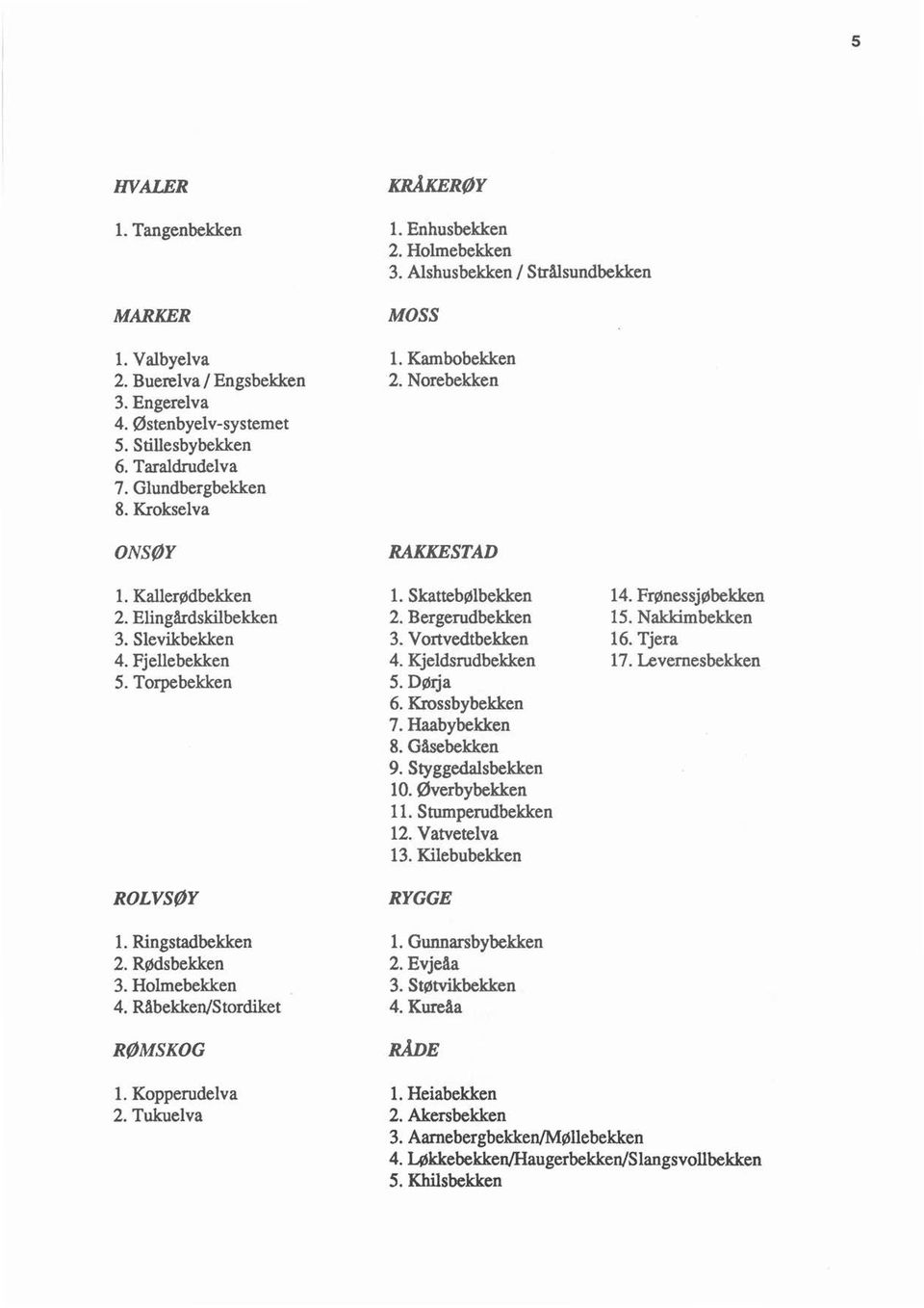 Rødsbekken 3. Homebekken 4. Råbekken/Stordiket RØMSKOG. Skattebøbekken 2. Bergerudbekken 3. Vortvedtbekken 4. Kjedsrudbekken 5. Dørja 6. Krossbybekken 7.Haabybekken 8. Gåsebekken 9.