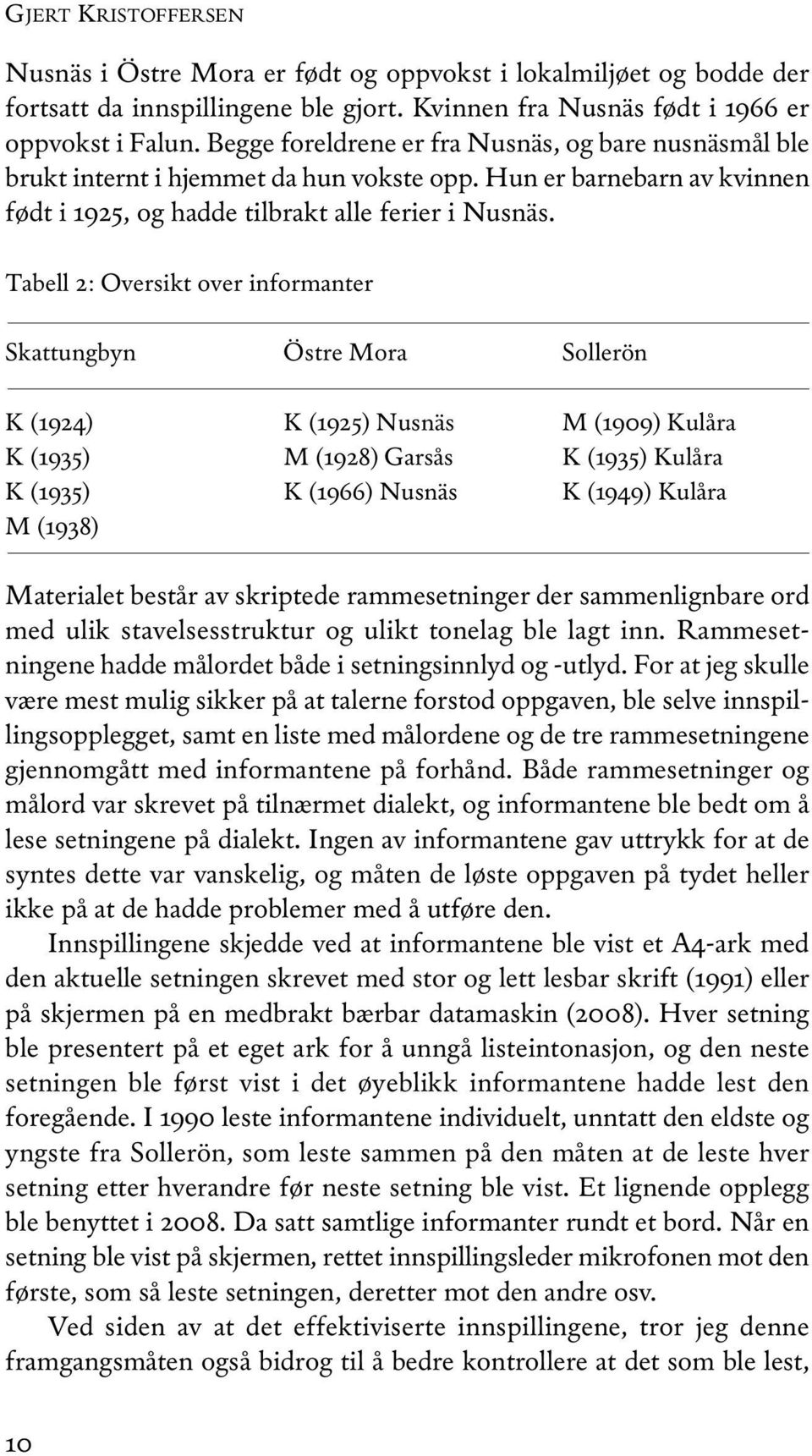 Tabell 2: Oversikt over informanter Skattungbyn Östre Mora Sollerön K (1924) K (1925) Nusnäs M (1909) Kulåra K (1935) M (1928) Garsås K (1935) Kulåra K (1935) K (1966) Nusnäs K (1949) Kulåra M (1938)